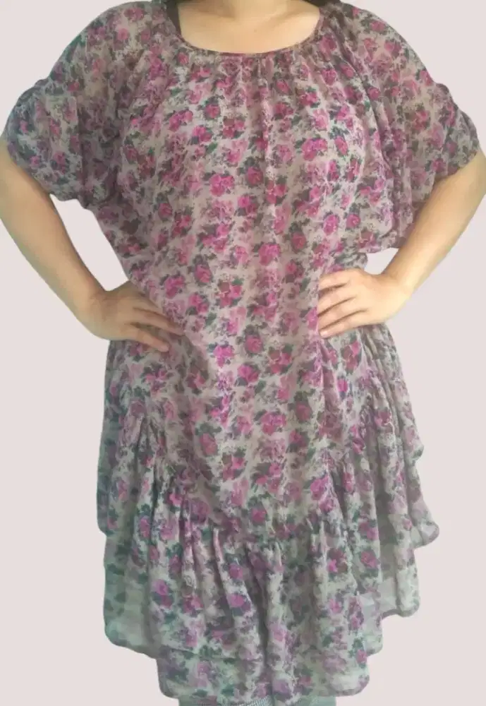 Dress Sifon Bunga Ungu,Bawah Rempel ala Nagita