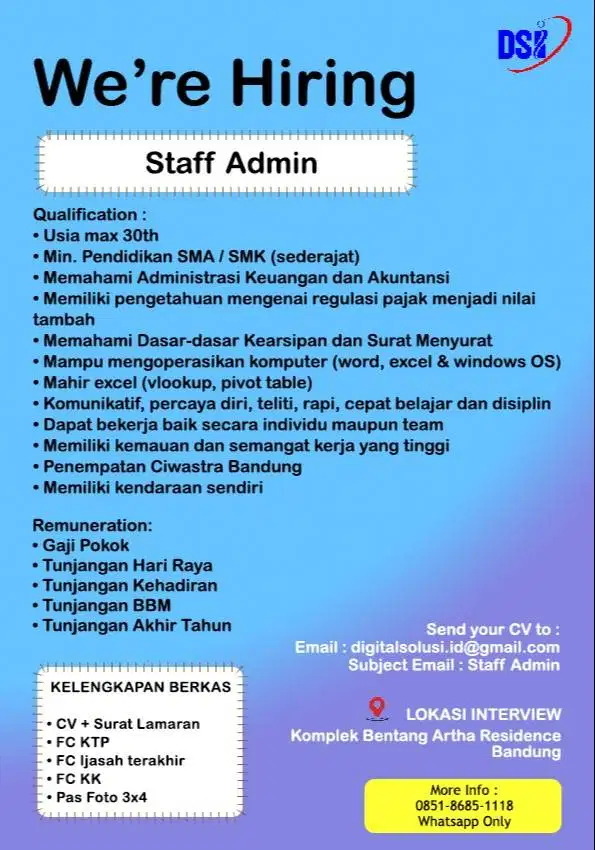 DIBUTUHKAN POSISI STAFF ADMIN ACCOUNTING TAX