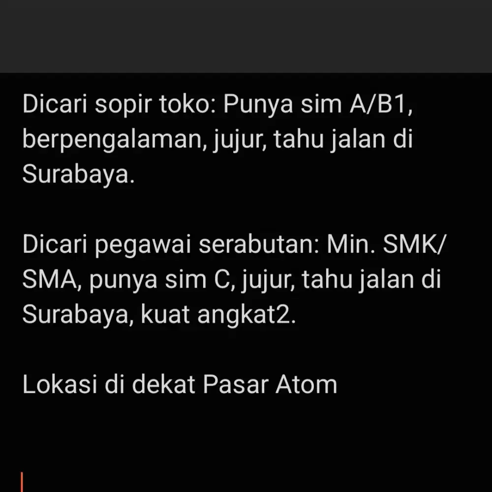 Dicari Pegawai & Sopir Toko Serabutan