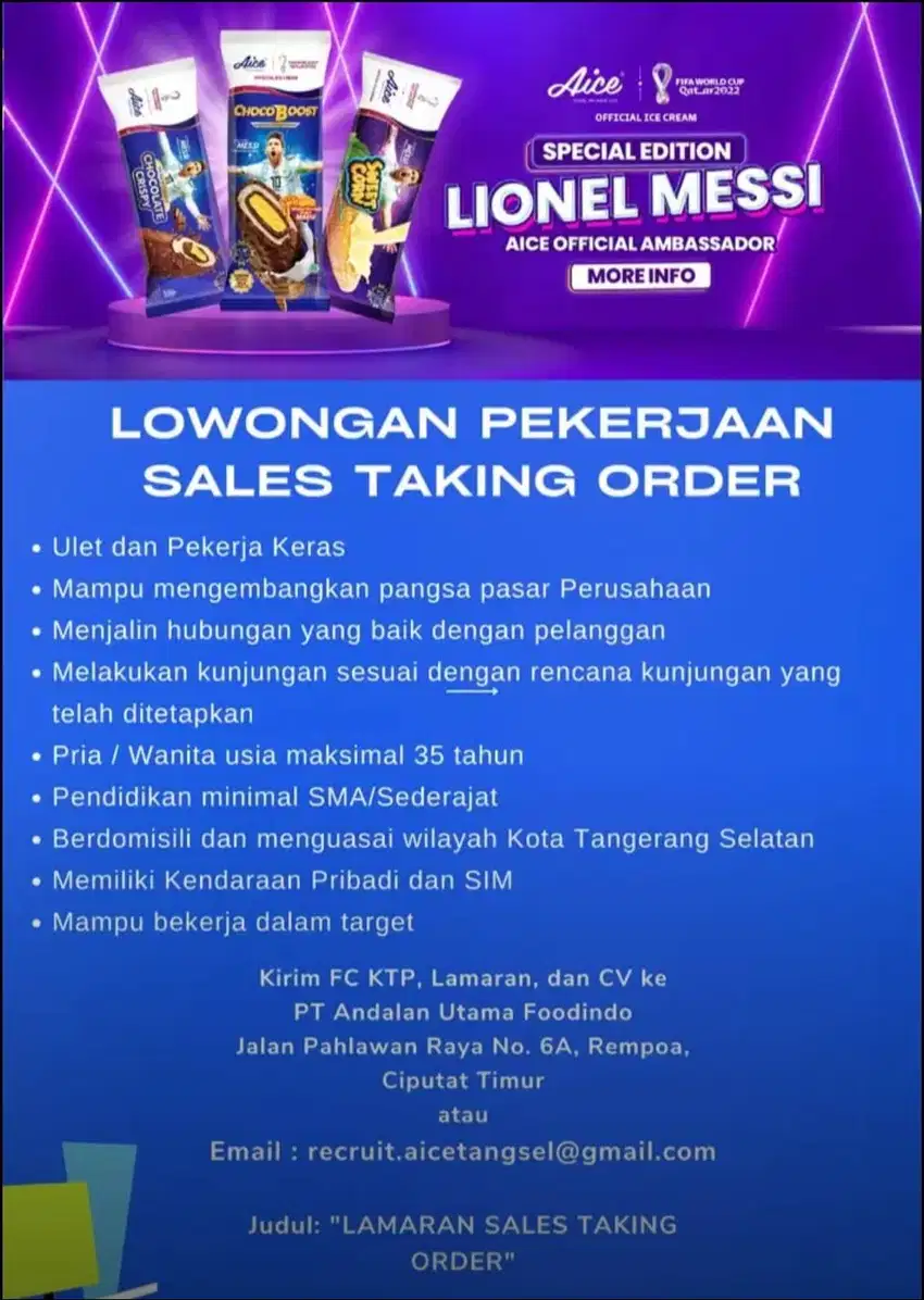 LOWONGAN KERJA SALES TAKING ORDER