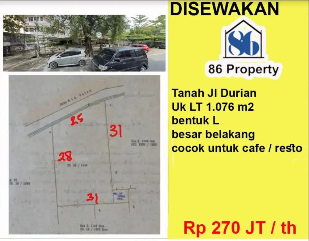 Disewakan rumah tua atau tanah di jalan durian posisi sangat strategis