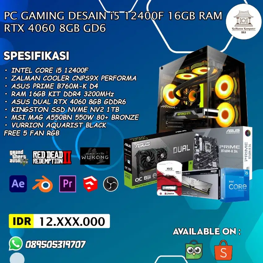 PC Gaming Desain i5 12400F 16GB RAM RTX 4060 8GB GD6