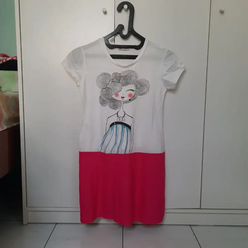 Dress kaos pink putih