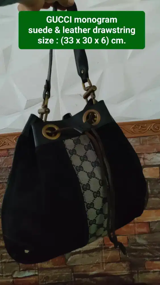 GUCCI Monogram Suede & Leather Drawstring