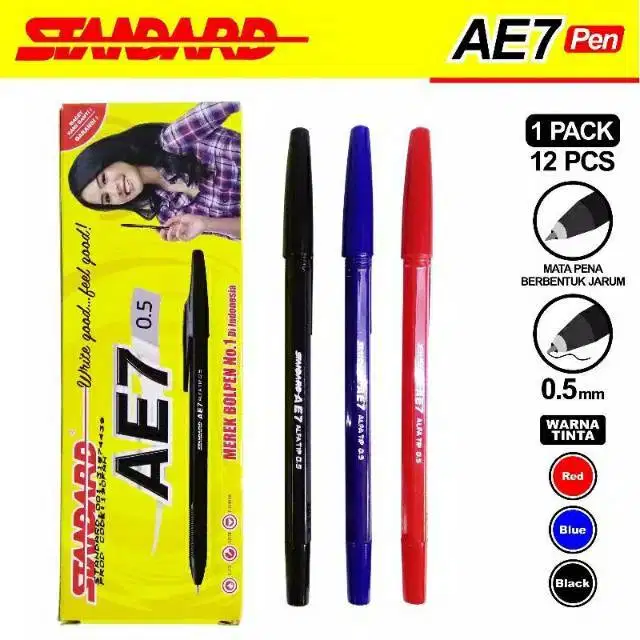 Pulpen Standart AE7 Hitam/Biru/Merah, Harga Rp 2.000,-. Pembelian mini