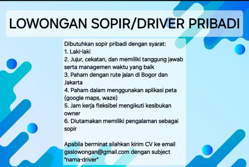 Lowongan sopir driver untuk bogor jakarta