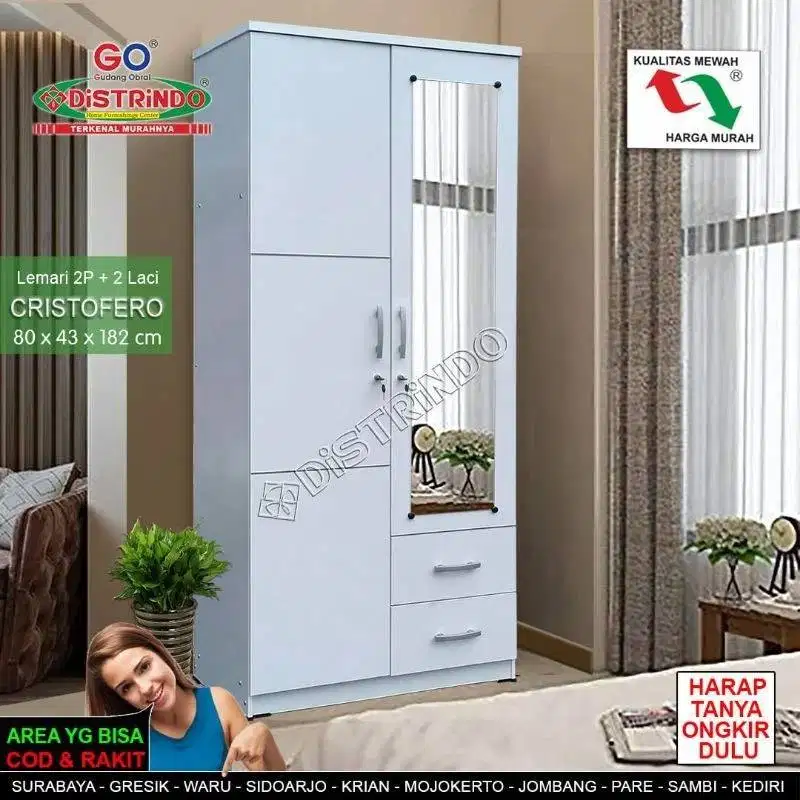 Lemari Pakaian 2pintu / Lemari Baju dengan 2Laci / Lemari dengan kaca
