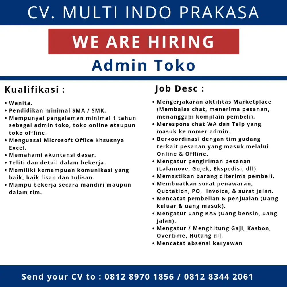 Lowongan pekerjaan admin toko