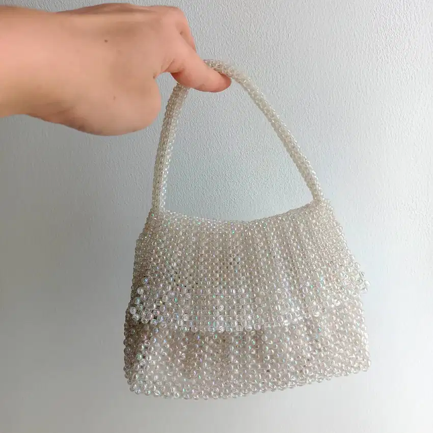 Tas Jinjing Wanita Hand Bag Motek Mote Manik Beaded Bag Putih Kristal