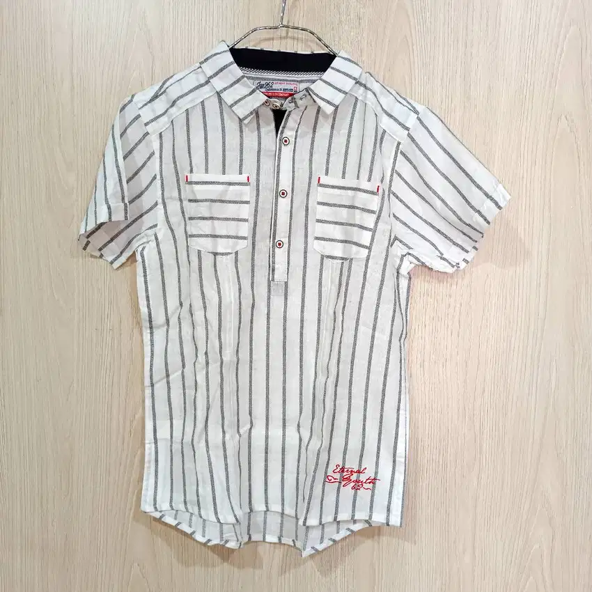 Pakaian Kemeja Anak Laki 11-12 Tahun Boy Shirt Putih Motif Garis