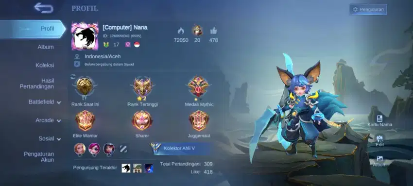 Akun Mobile Lagends 4 Skin Collector Nana, Harley, Silvana dan Natalia
