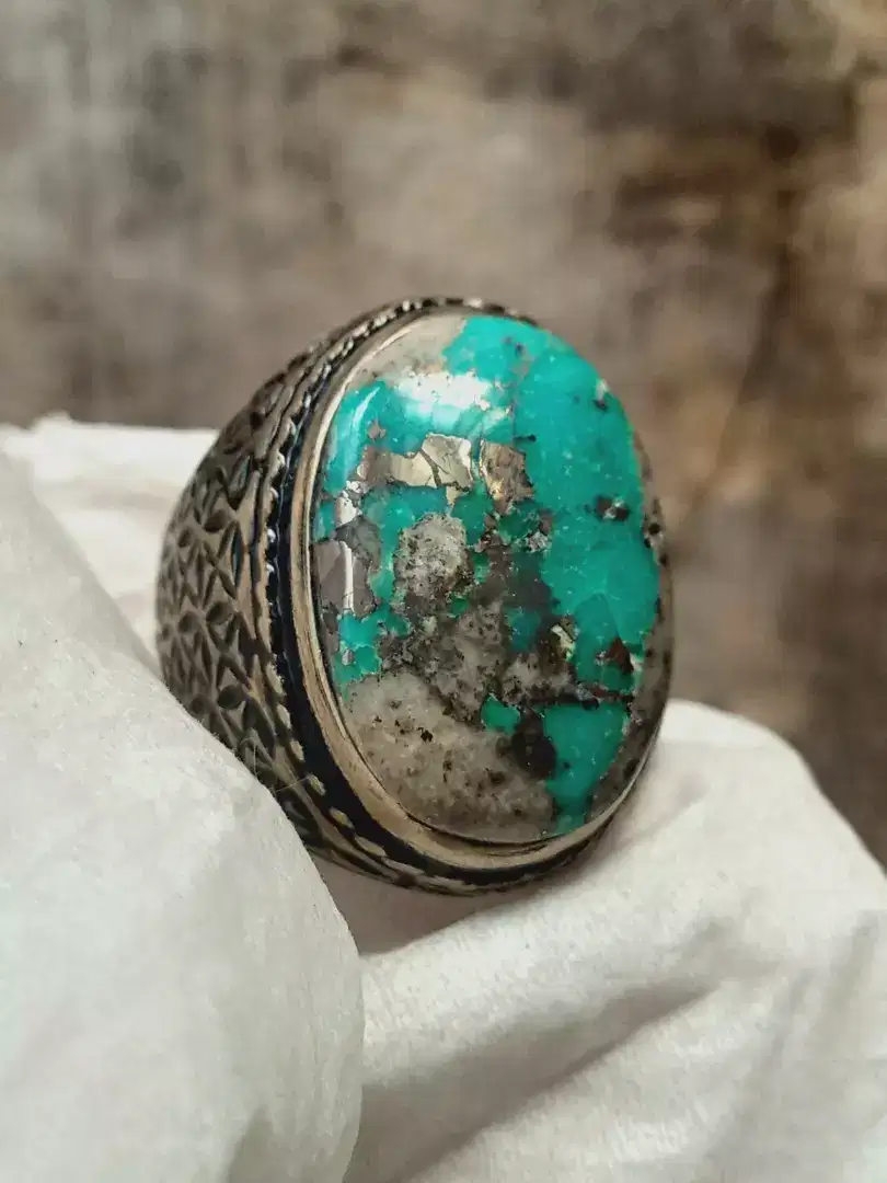 Cincin Pirus Persia Biru Serat Perak Natural Turquoise