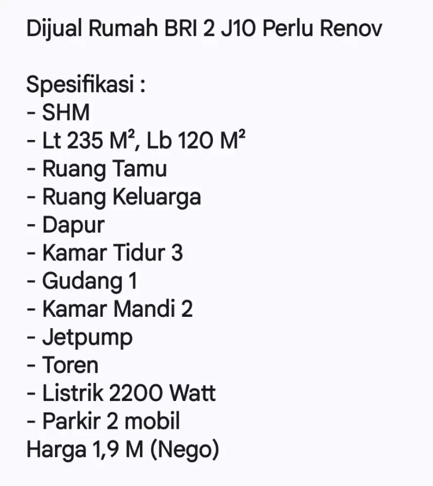 Dijual Rumah BRI 2 J10 Perlu Reno