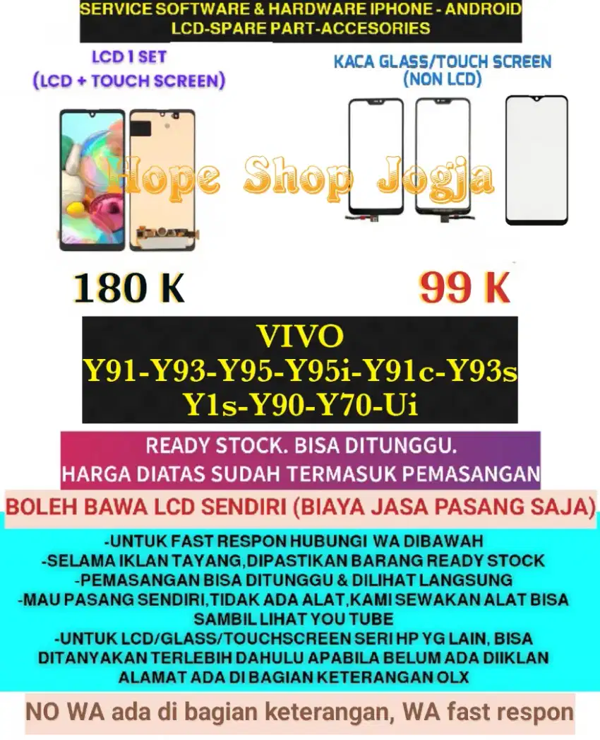 Baterai-Touchscreen-LCD VIVO
Y91-Y93-Y95-Y95i-Y91c-Y93s-Y1s-Y90-Y70-Ui