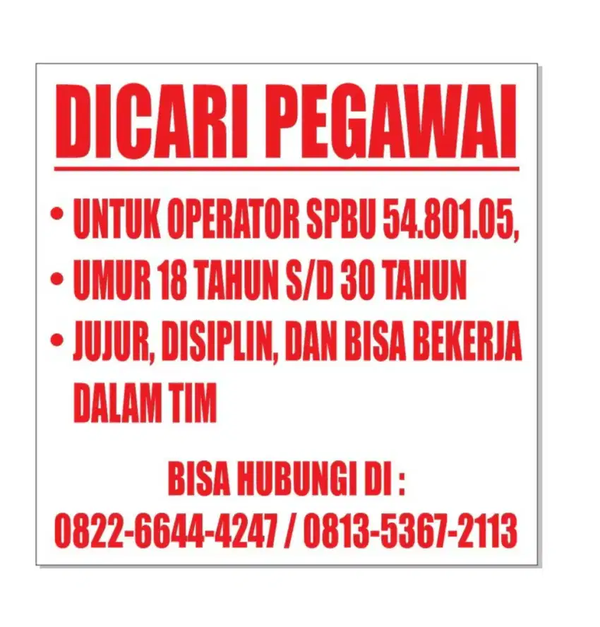 Dicari lowongan Operator dan Admin SPBU