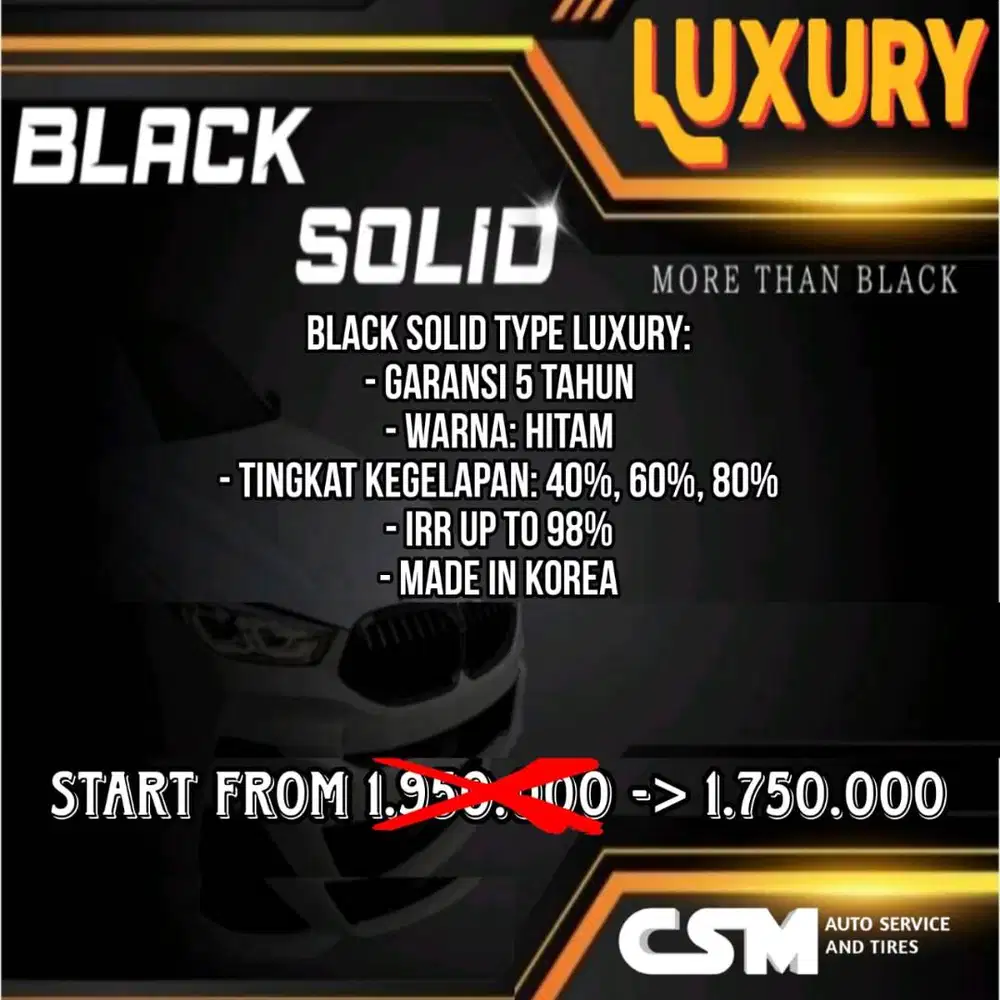 Kaca Film Black Solid type Luxury. Tersedia 20%, 40%, 60%, 80%.
