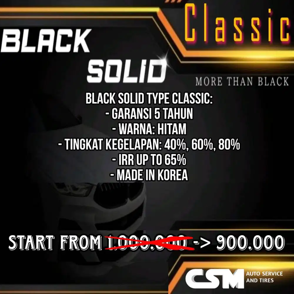 Kaca Film Black Solid type Classic. Tersedia ukuran 40%, 60%, 80%