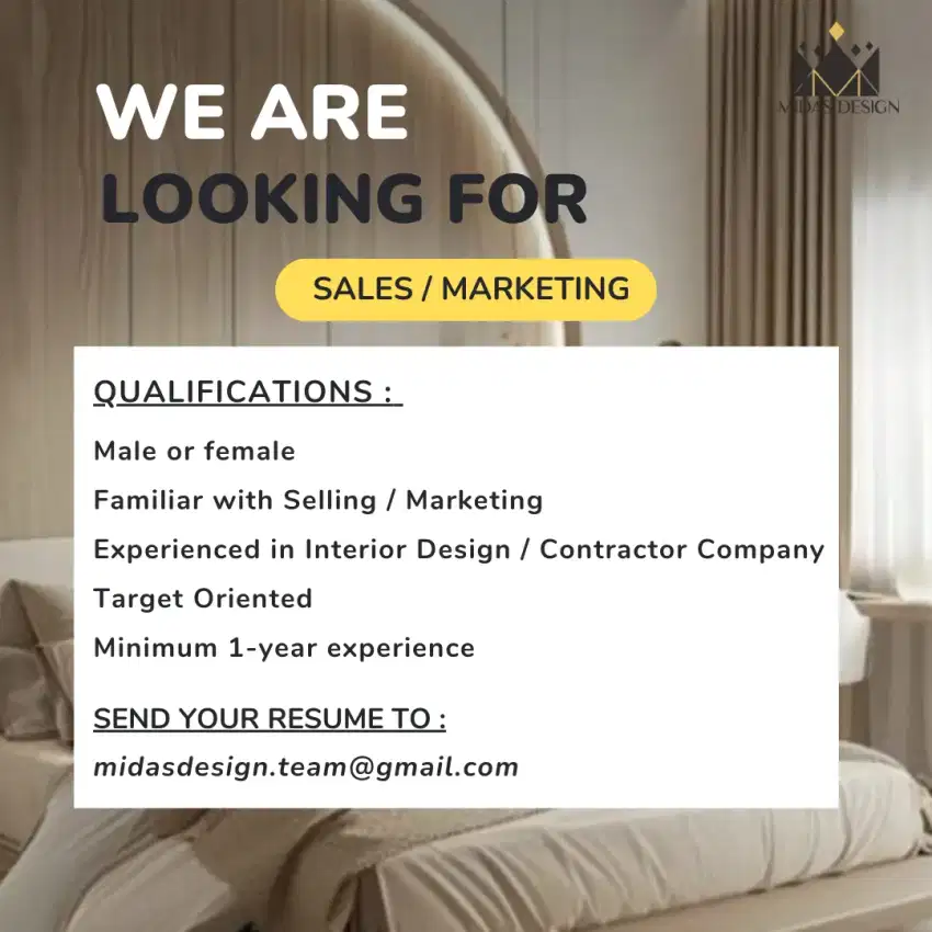 Dicari Sales Marketing Project Interior dan Kontraktor Berpengalaman