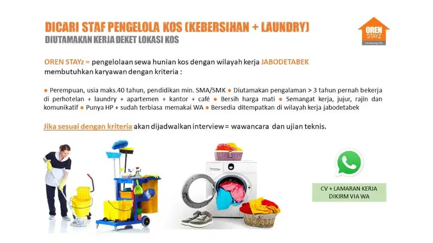 Dibutuhkan segera staf kebersihan (housekeeping) + cuci gosok (laundry