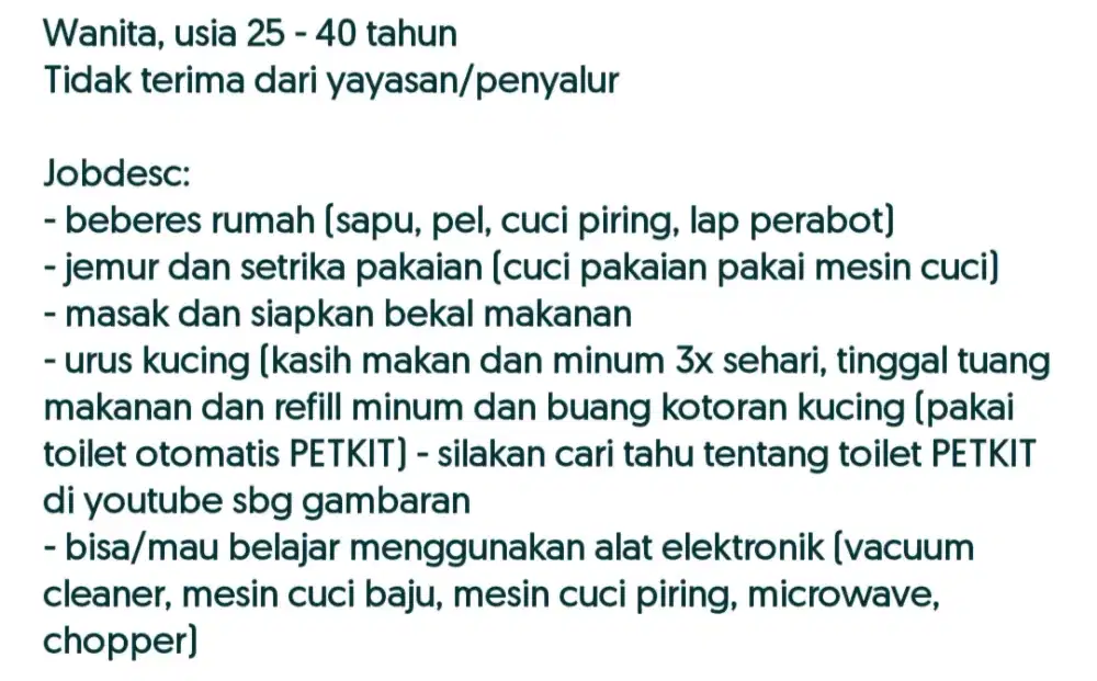 Lowongan ART beberes masak