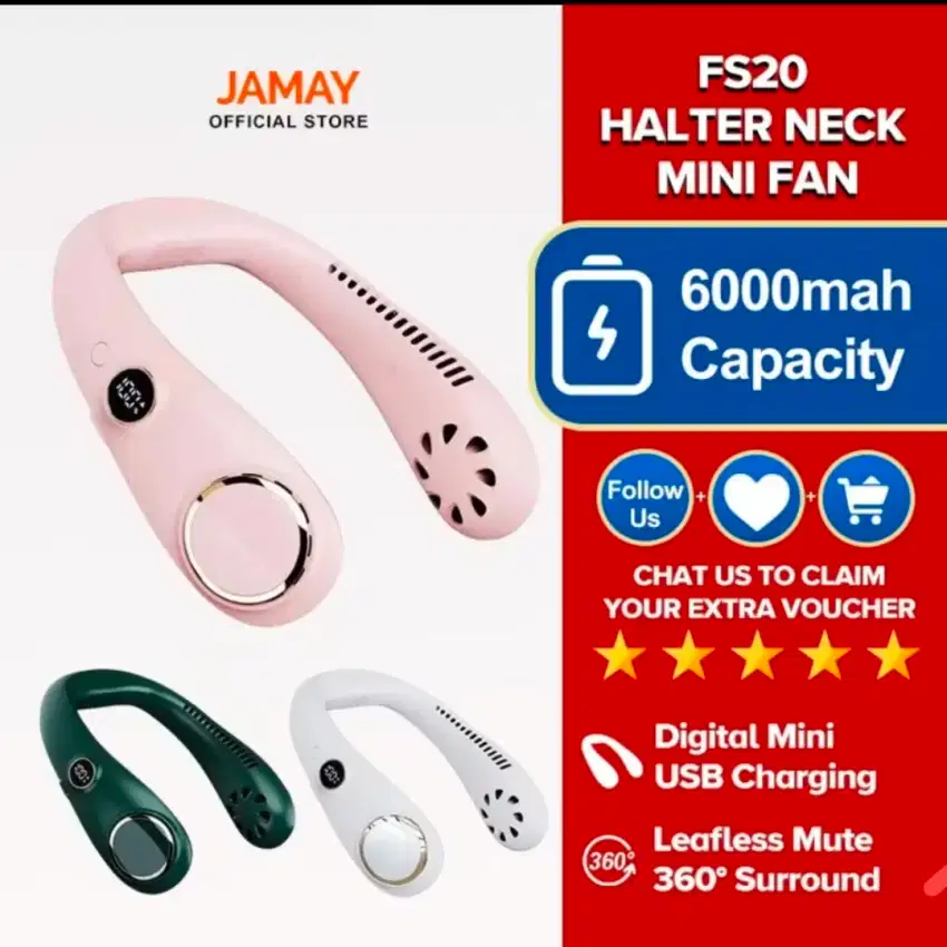 Jamay FS20 Kipas Angin Leher Portable Neck Fan - Hijau