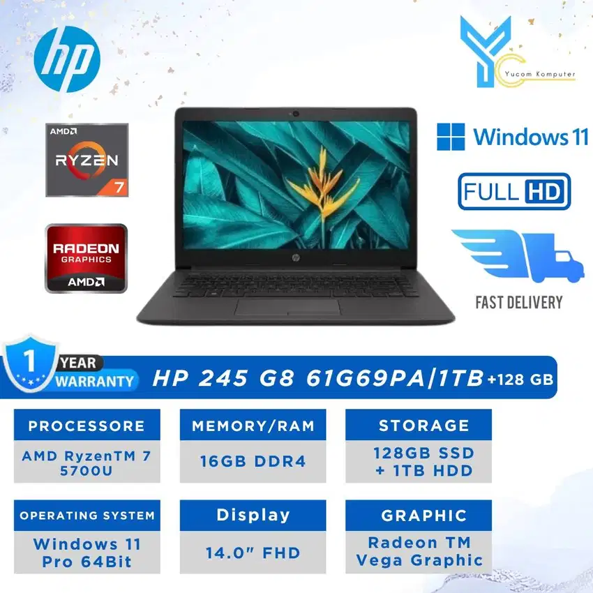 HP LAPTOP NOTEBOOK 245 G8 AMD RyzenTM 7 5700U/16GB/1TB/14.0/Win 11Pro