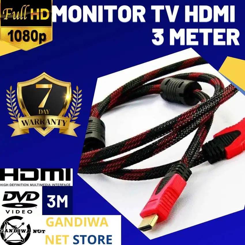 Kabel HDMI To HDMI 3 Meter 3M High Speed Full HD Serat Jaring Merah