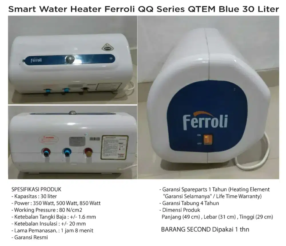 Smart Water Heater Ferroli QQ Series QTEM Blue 30 Liter*