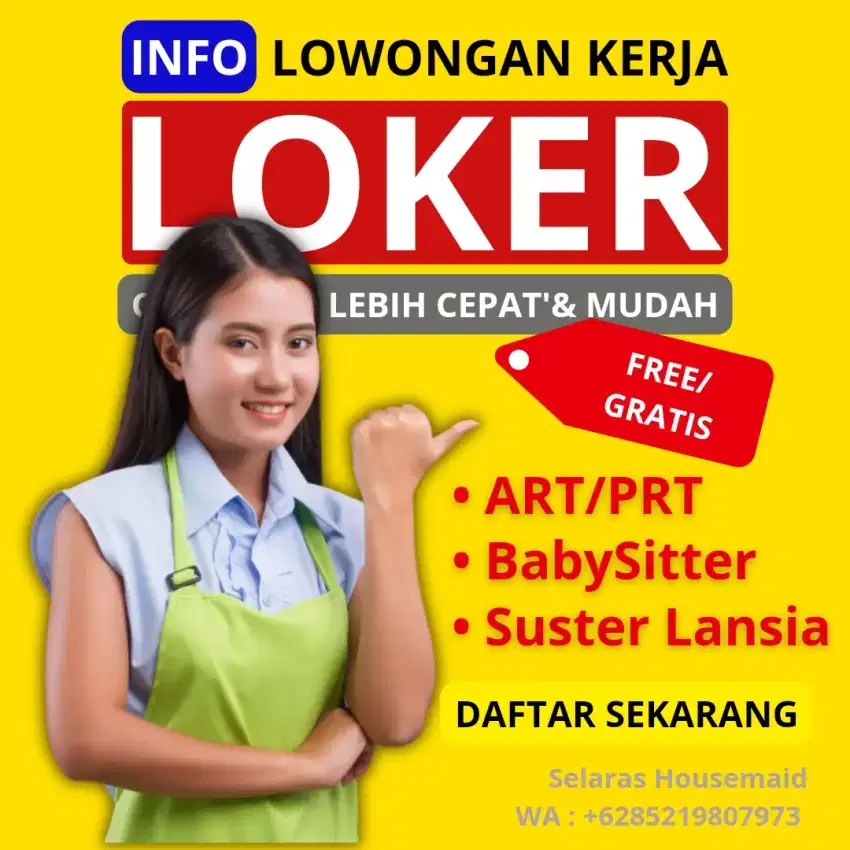 Lowongan Wanita ART, BabySitter, Suster Lansia