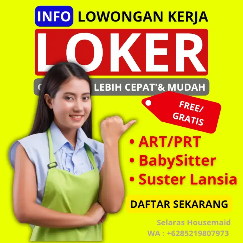 Lowongan Wanita ART, BabySitter, Perawat Lansia