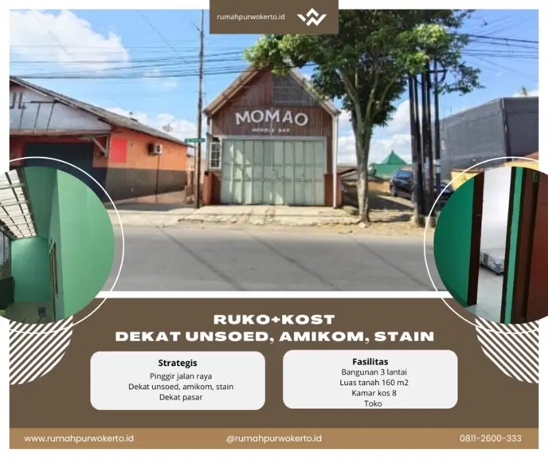 Dijual toko dan kost jalan raya dekat Unsoed, Amikom dan Stain