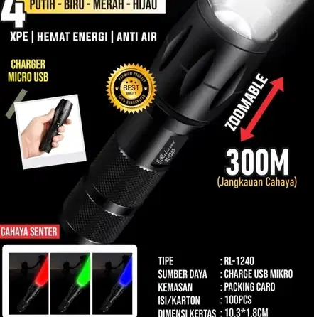 SENTER TANGAN ZOOM 4 Mode Cahaya Rolinson RL 1240 (Cahaya Putih + RGB)