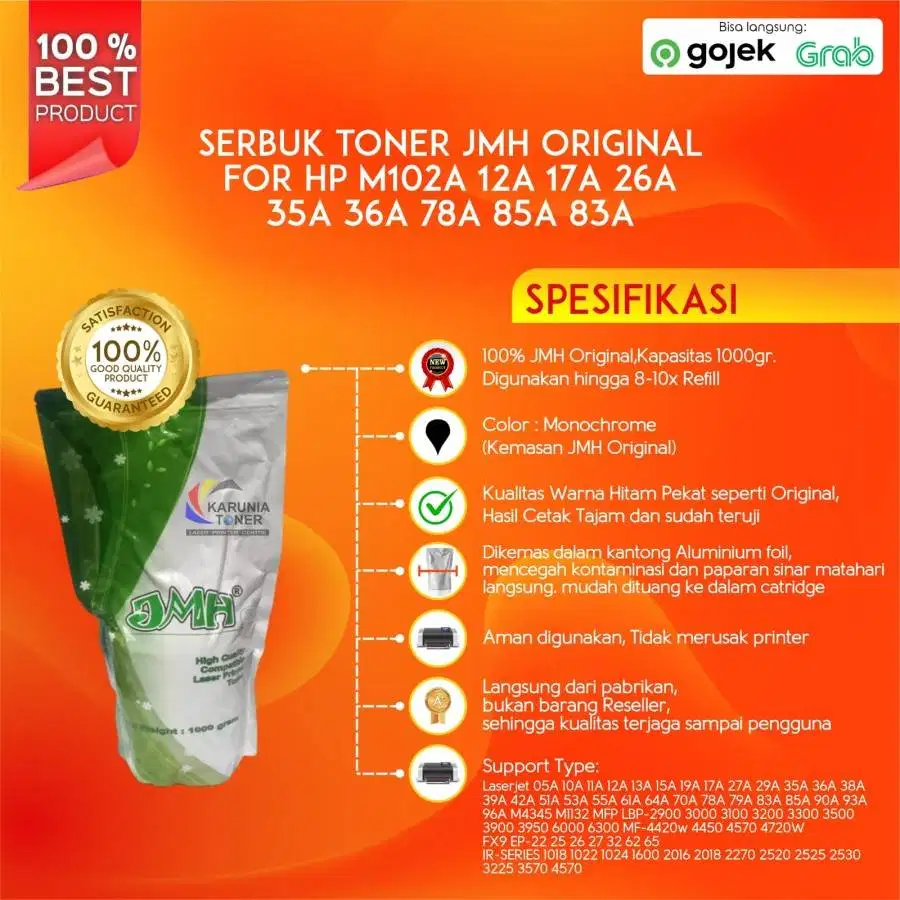 SERBUK TONER JMH ORIGINAL FOR HP M102A 12A 17A 26A 35A 36A 78A 85A 83A