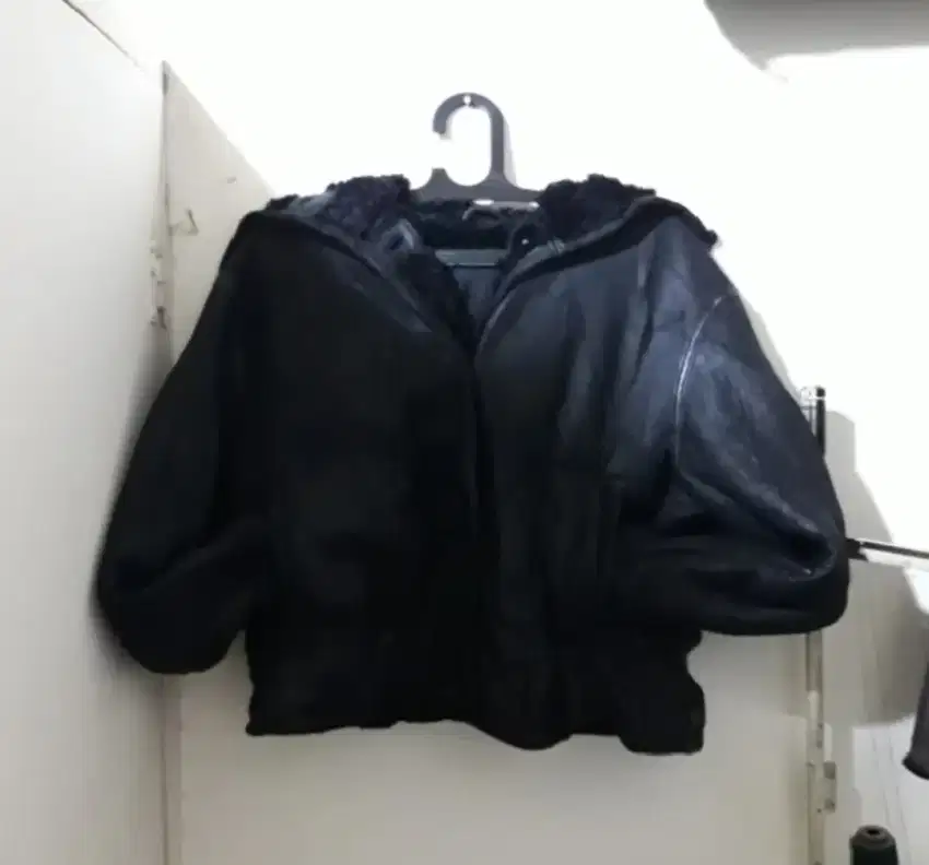 Jaket kulit hoodie crop oversize jacket wanita jumbo bolak balik