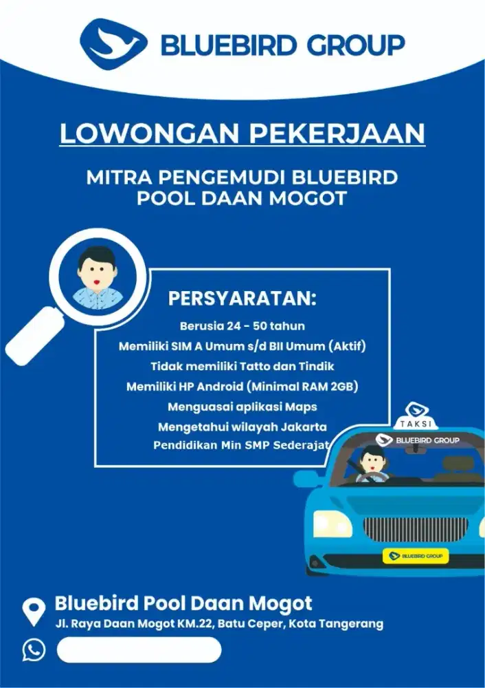 Lowongan kerja driver taksi online Bluebird daan mogot