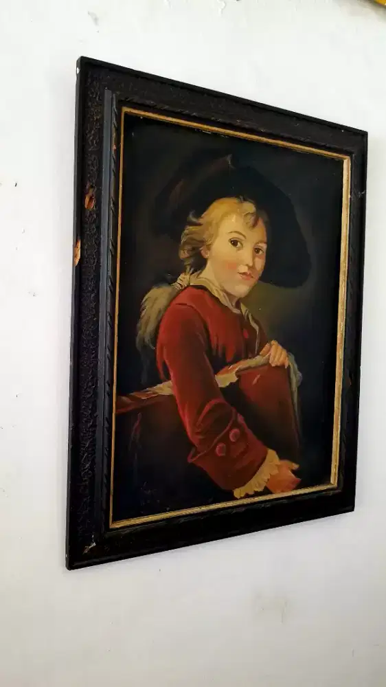 Lukisan eropa jadul, Boy with a book painting vintage, bisa TT barter