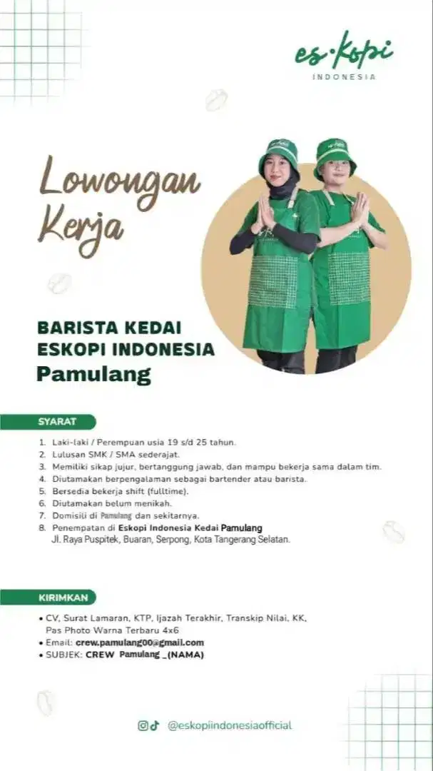 LOWONGAN BARISTA/ KASIR/ STAF ESKOPI INDONESIA PAMULANG