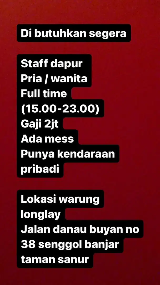 Di butuhkan segera staff dapur