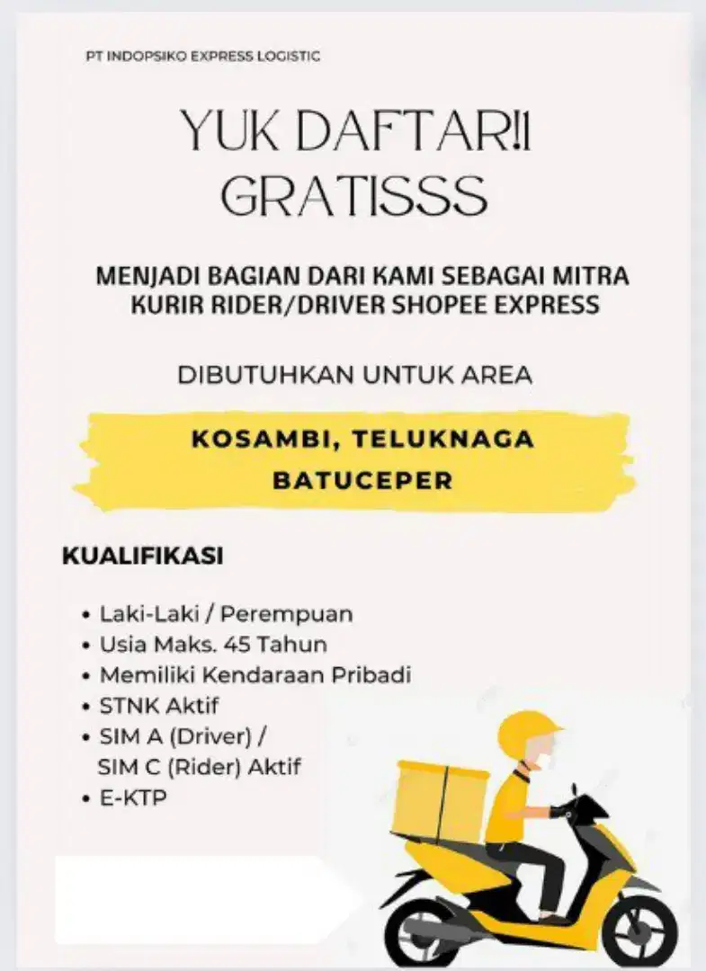 Dibutuhkan kandidat mitra kurir area tangerang