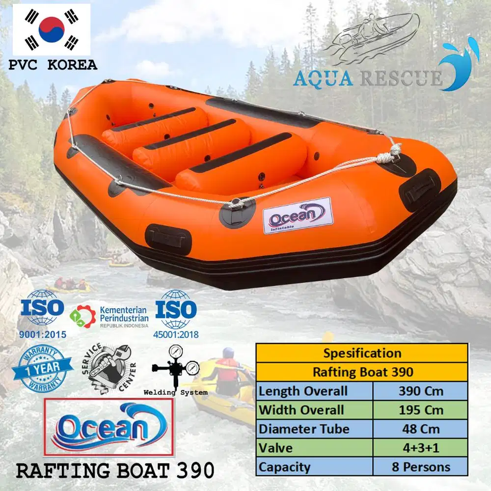 Perahu Karet Rafting PVC OCEAN 390 Kapasitas 8 Orang Perekatan Welding