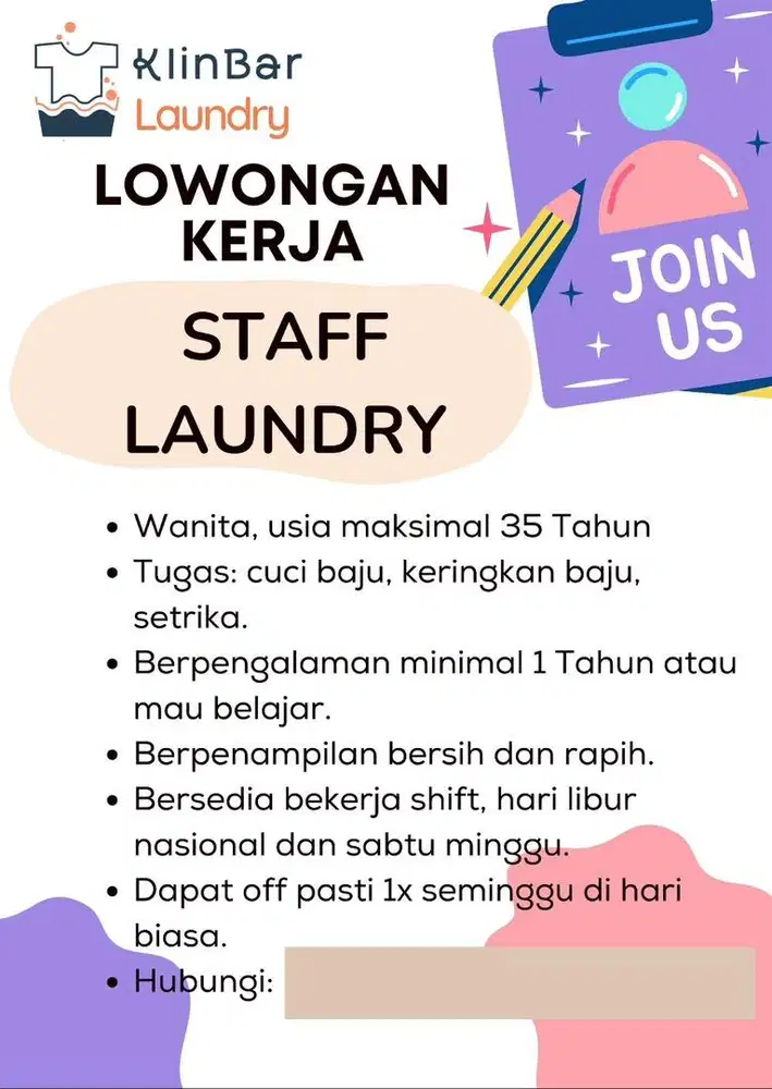 Dibutuhkan cepat, staff laundry daerah Cawang