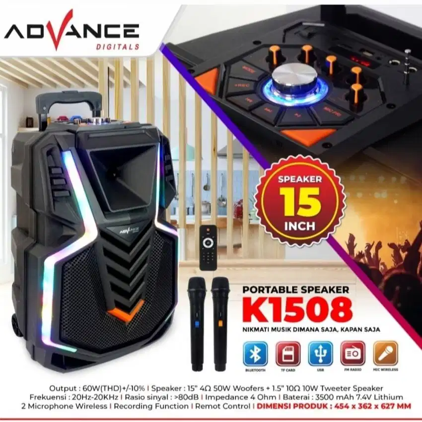 Advance Speaker Gitar Portable Bluetooth 15 inch+ mic wirles