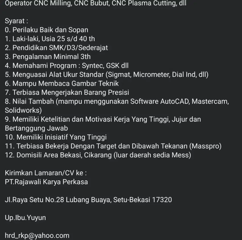 Lowongan Operator CNC bubut, milling, cutting