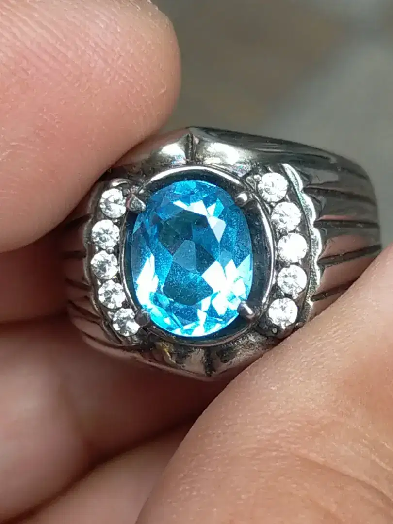 Batu blue topaz Swiss 2.65 CRAT memo WGL ring perak top kristal clean