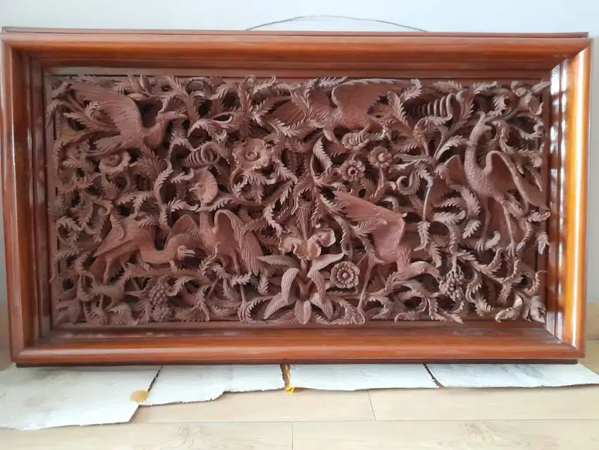 Ukiran Bali Kayu Jati Relief Burung 3D. Vintage, 30 Thn +