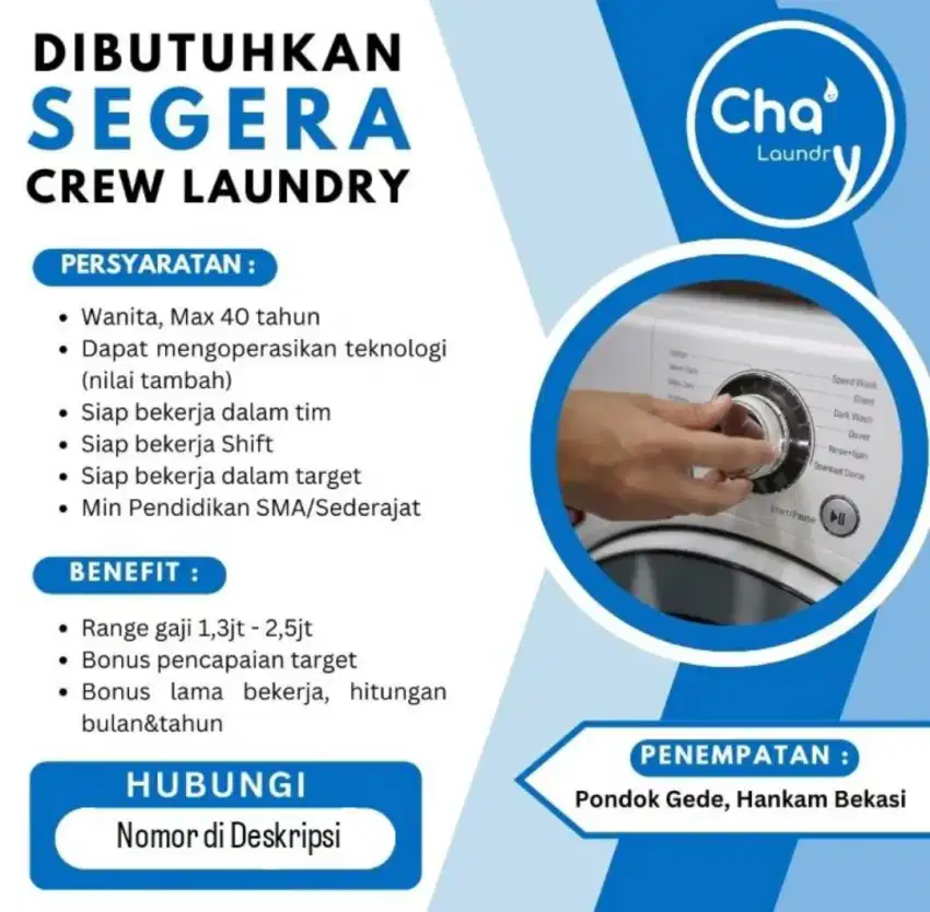 Dibutuhkan Segera Karyawan Laundry daerah Pondok Gede, Hankam Bekasi