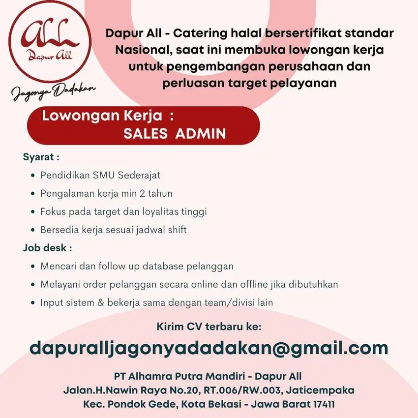 LOWONGAN KERJA SALES ADMIN