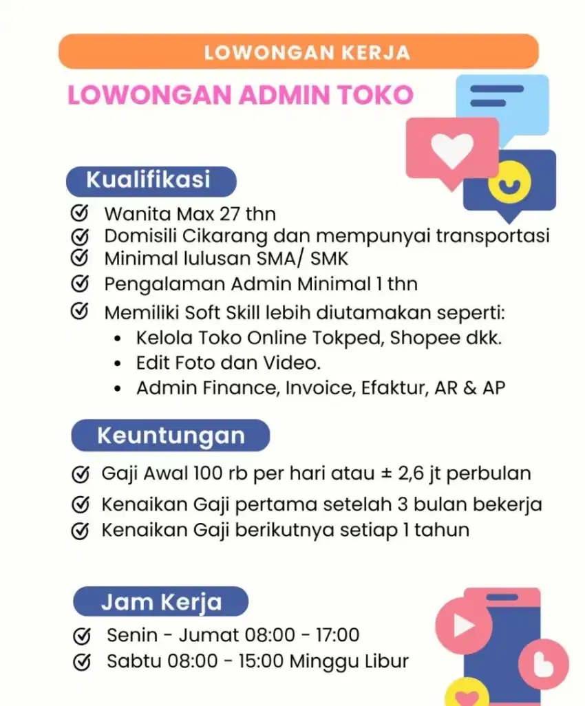 Lowongan Kerja Staf Admin  Toko Cikarang