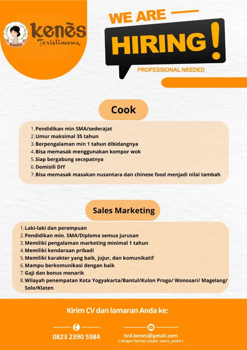 Lowongan Kerja Cook dan Sales Marketing