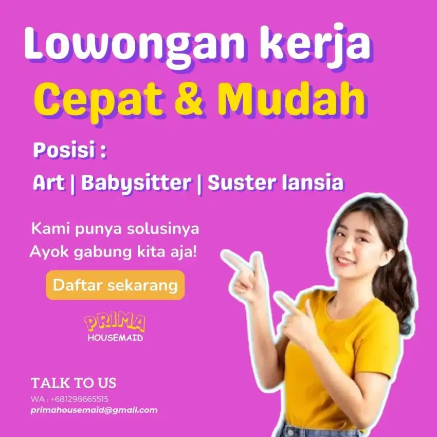 Lowongan Wanita ART, Babysitter, Suster Lansia